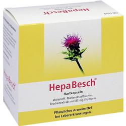 Eine Verpackung von HepaBesch-Kapseln mit einem Bild einer lila Distelblüte.