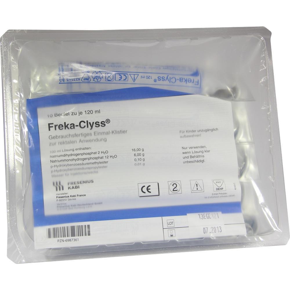 Packung mit Einmalklistieren namens "Freka-Clyss" zur rektalen Anwendung.