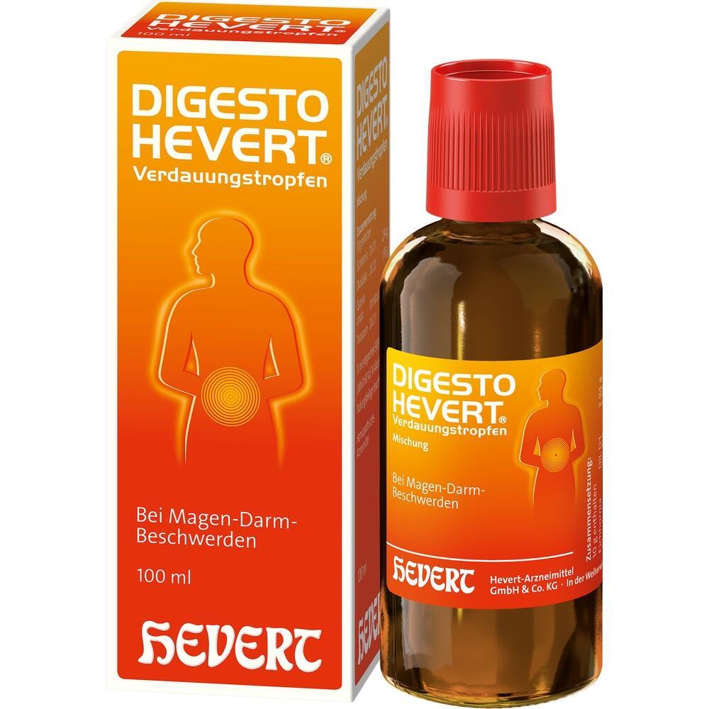 Eine braune Flasche und eine Schachtel mit Verdauungstropfen gegen Magen-Darm-Beschwerden.